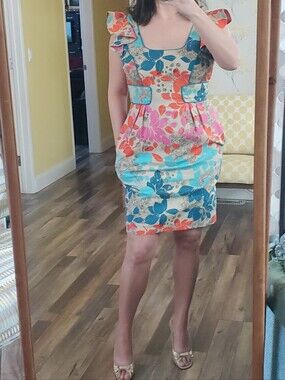 🌺 Jessica Simpson Waist Cinching Sheath Square Neck Dress w/Piping Detail Sz 8
